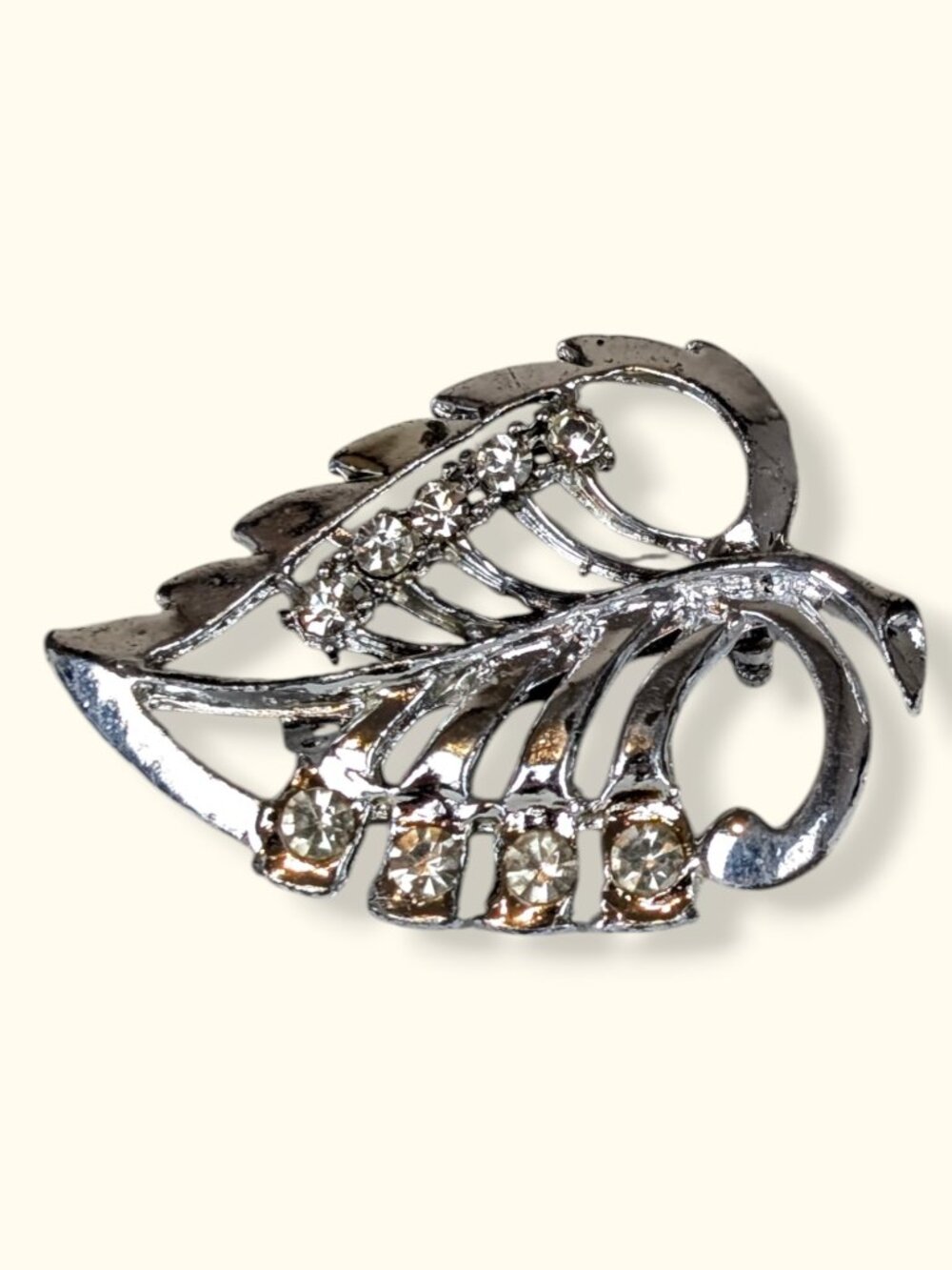 Vintage Rhinestone Cut Out Leaf Brooch